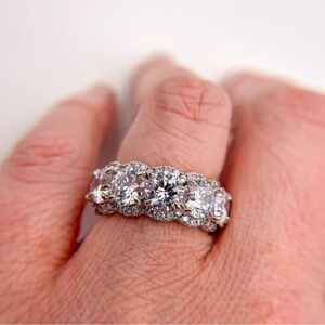 Silver Tone Round Cut Cubic Zirconia Halo Eternity Wedding Ring Band. Size 6.